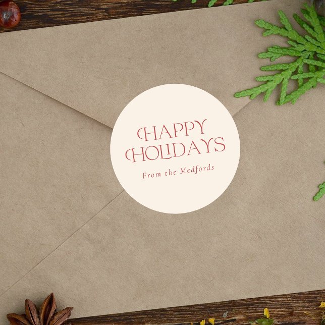 Simple Stylish Happy Holidays | Red Ivory Classic Round Sticker (Creator Uploaded)