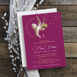 Simple Stylish Magenta Burgundy Gold Christening Invitation