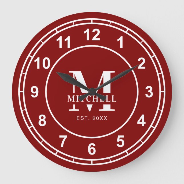 Simple Stylish Maroon Monogram Custom Family Name Large Clock (Front)