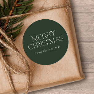 Simple Stylish Merry Christmas Name Green Classic Round Sticker