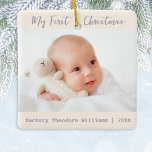 Simple Stylish Minimalist Baby's First Christmas Ceramic Ornament<br><div class="desc">Personalise this simple and elegant ornament to celebrate baby's first Christmas. Upload two of your favourite photographs, one for the back and one for the front of the ornament. Add baby's name and the year number, which will be displayed below each picture. The words 'My First Christmas' appear at the...</div>
