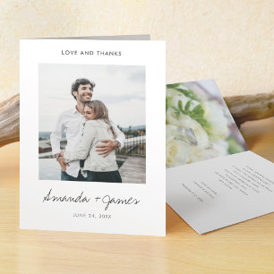 Simple Stylish Modern Black Script Photo Wedding Thank You Card
