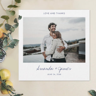 Simple Stylish Modern Blue Script Photo Wedding Th Thank You Card