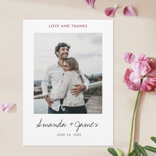 Simple Stylish Modern Burgundy Photo Wedding Thank You Card (Creator Uploaded)