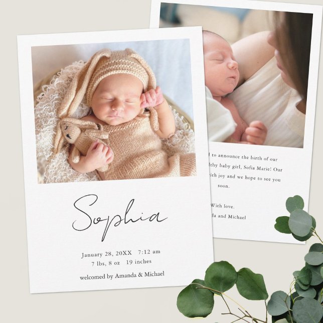 Simple Stylish Modern Script Boy or Girl Birth Announcement (Creator Uploaded)