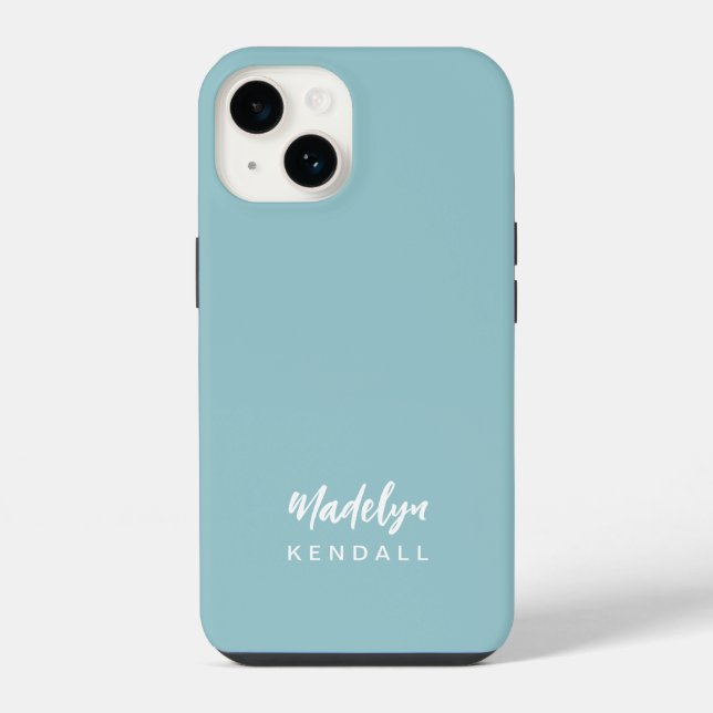 Simple Stylish Modern Script Name Teal Blue iPhone Case (Back)