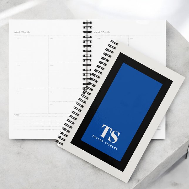 Simple Stylish Monogram Colour Block Blue Planner (Personalize with your initials and name. Great for back to school assignments!)