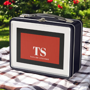 Simple Stylish Monogram Colour Block Red Black Metal Lunch Box