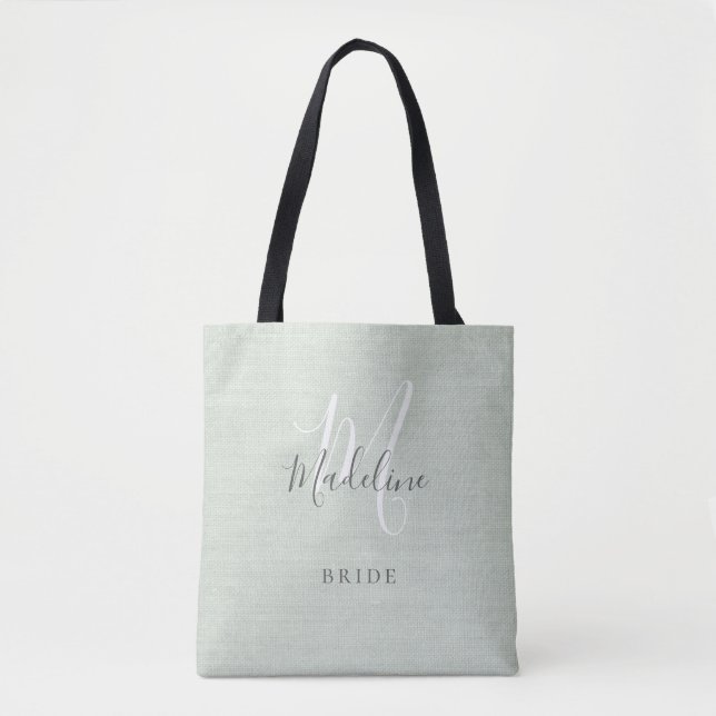 Simple Stylish Monogram Sage Green Chic Bride Name Tote Bag (Front)