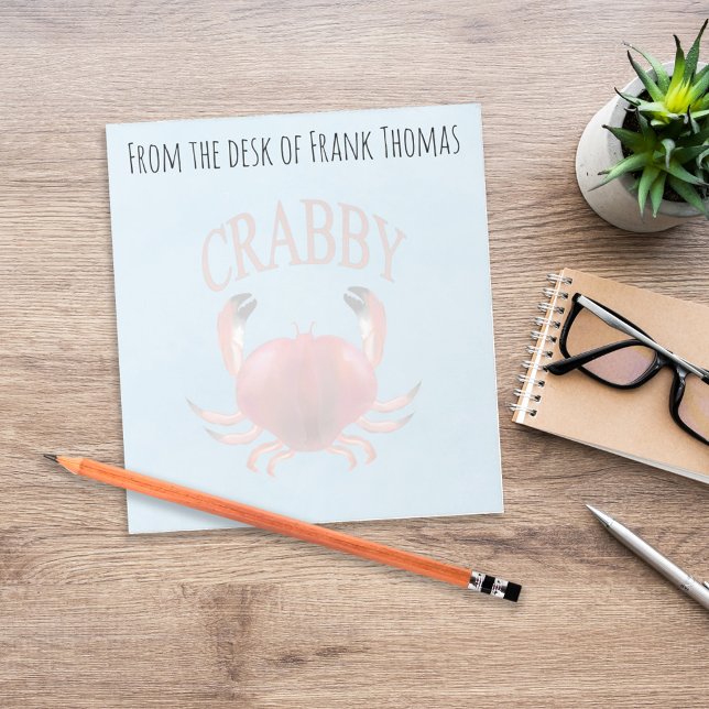 Simple Stylish Nature Crabby Crab Typography Notepad (Funny coastal crab personalized desk stationery with beachy blue ocean theme.)