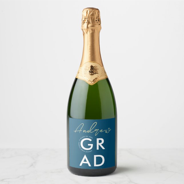 Simple Stylish Navy Blue Grad  Modern Bold Typo Sparkling Wine Label (Front)