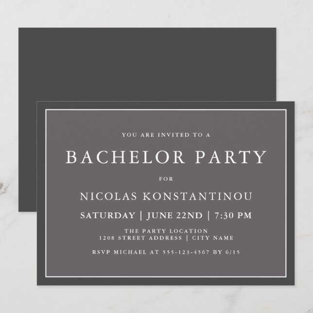 Simple Stylish Neutral Dark Grey Bachelor Party Invitation (Front/Back)