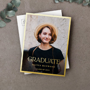 Simple Stylish Photo Gold Graduation Party Foil Invitation Postcard