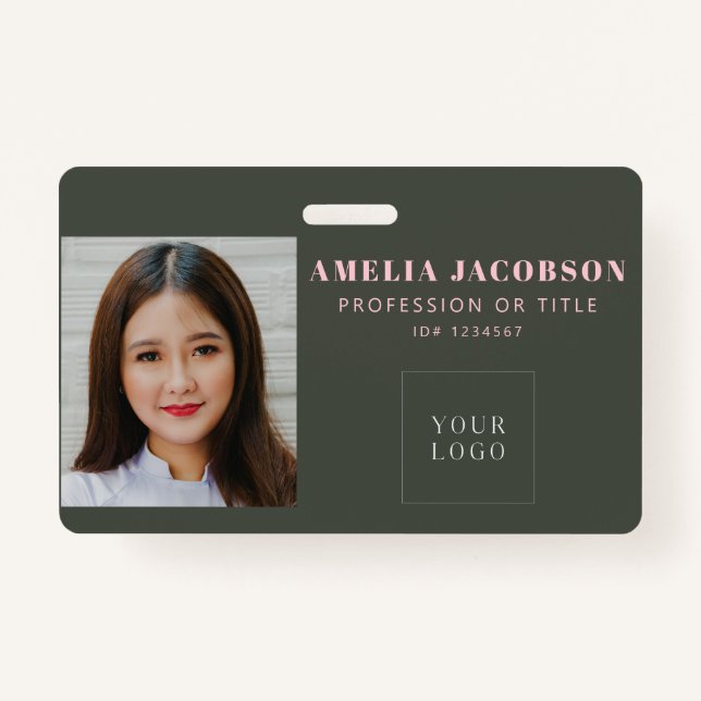 Simple Stylish Pink Green Employee Photo ID Logo ID Badge (Front)