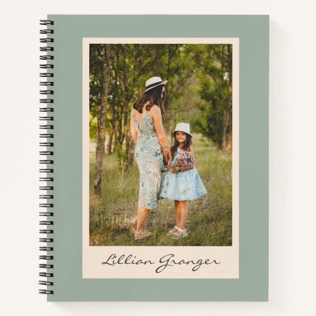 Simple Stylish Sage Green Personalised Photo Name Notebook (Front)