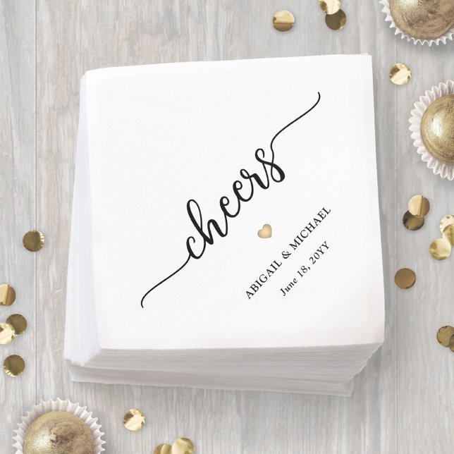 Simple Stylish Script Cheers & Gold Heart Wedding Napkin (Creator Uploaded)