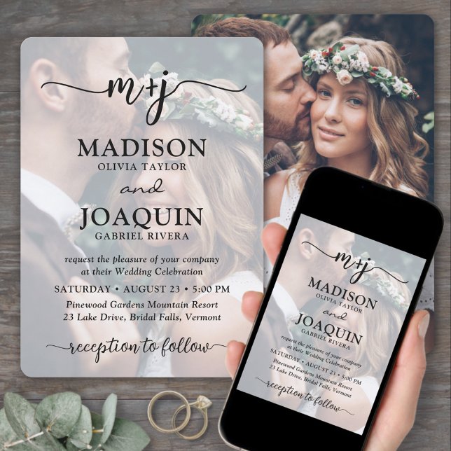Simple Stylish Script Initials 2 Photo Wedding Invitation (Creator Uploaded)