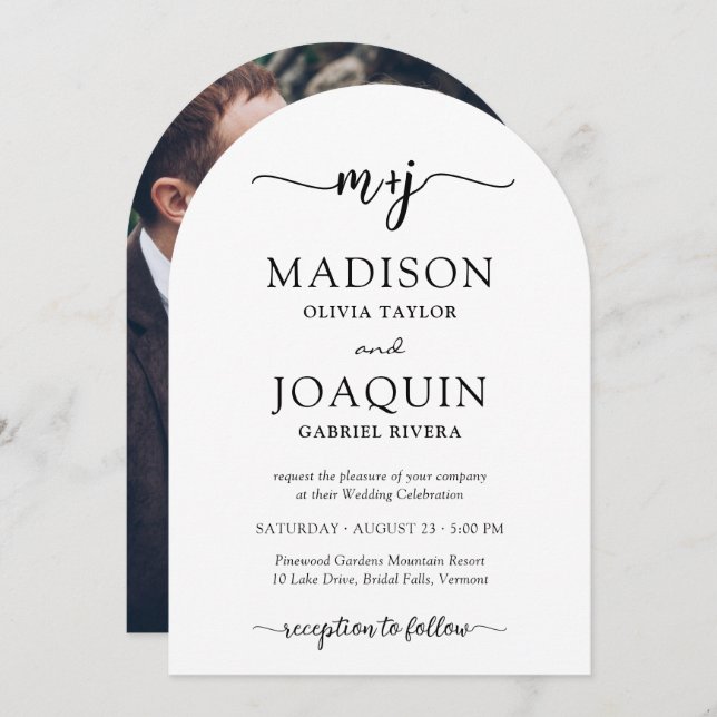 Simple Stylish Script Initials & Photo Wedding Invitation (Front/Back)