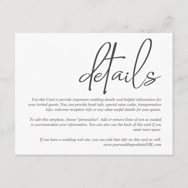 Simple Stylish Script Wedding Details Information Enclosure Card (Front)