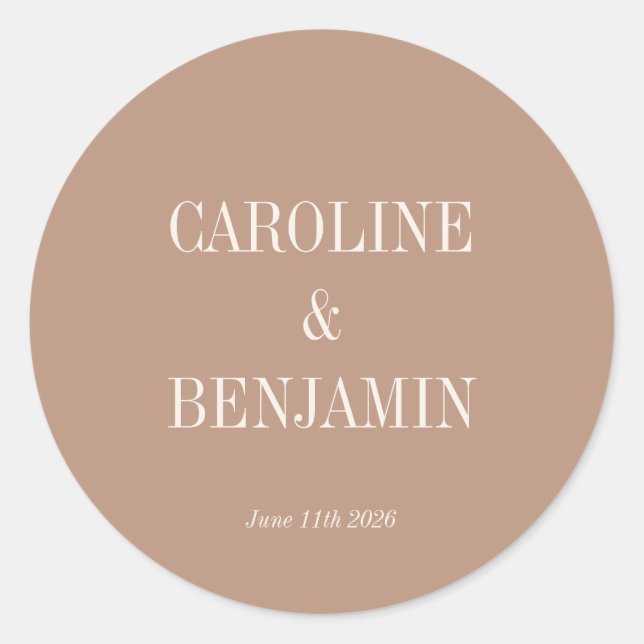 Simple Stylish Typography Elegant Cocoa Wedding Classic Round Sticker (Front)