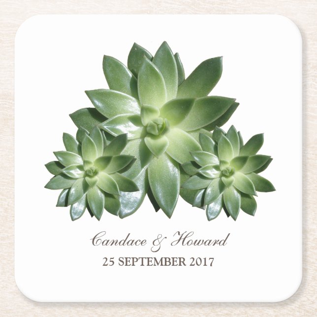 Simple Succulent Wedding Paper Coasters (Front)