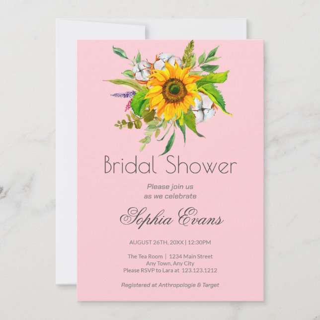 Simple Sunflower and Greenery Pink Bridal Shower Invitation (Front)