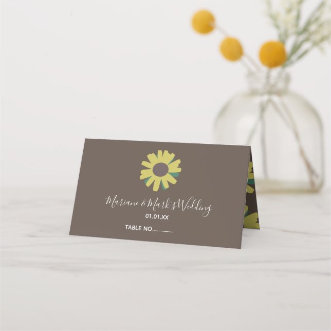 Simple Sunflower Botanical Pattern Yellow Wedding Place Card (Front)