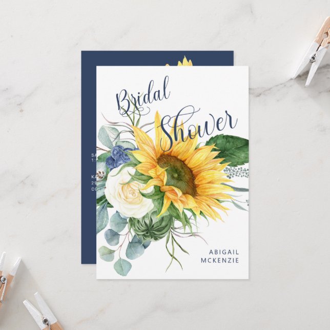 Simple Sunflower Bouquet Navy Bridal Shower Invitation (Front/Back In Situ)