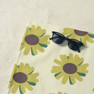 Simple Sunflower Brown Green Yellow Flower Pattern Beach Towel