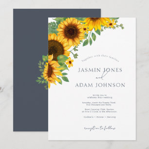 Simple Sunflower Floral Slate Blue Wedding Invitation