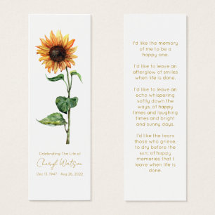 Simple Sunflower Funeral Memorial Bookmark
