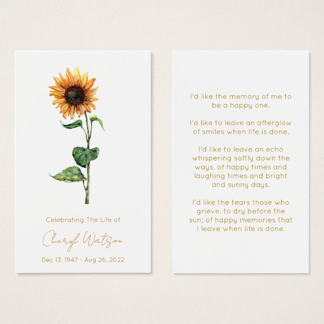 Simple Sunflower Funeral Memorial Prayer Card (Front & Back)