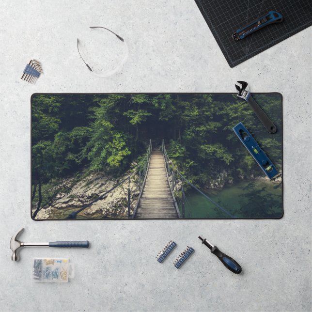 Simple suspension bridge over river Idrijca, Slove Desk Mat (Workstation)