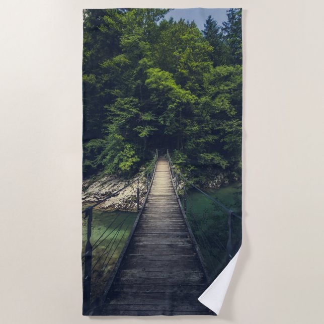 Simple suspension bridge river Idrijca, Slovenia Beach Towel (Front)
