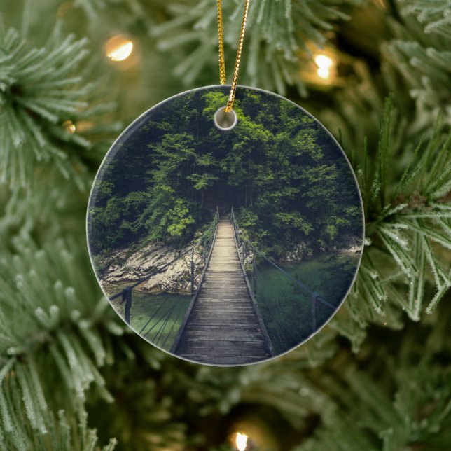 Simple suspension bridge river Idrijca, Slovenia Ceramic Tree Decoration (Tree)