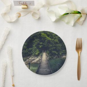 Simple suspension bridge river Idrijca, Slovenia Paper Plate