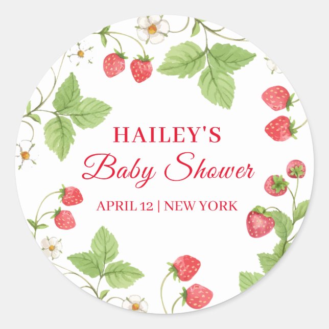 Simple Sweet Greenery Strawberry Baby Shower Classic Round Sticker (Front)