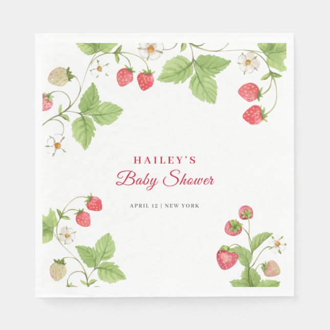 Simple Sweet Greenery Strawberry Baby Shower Napkin (Front)