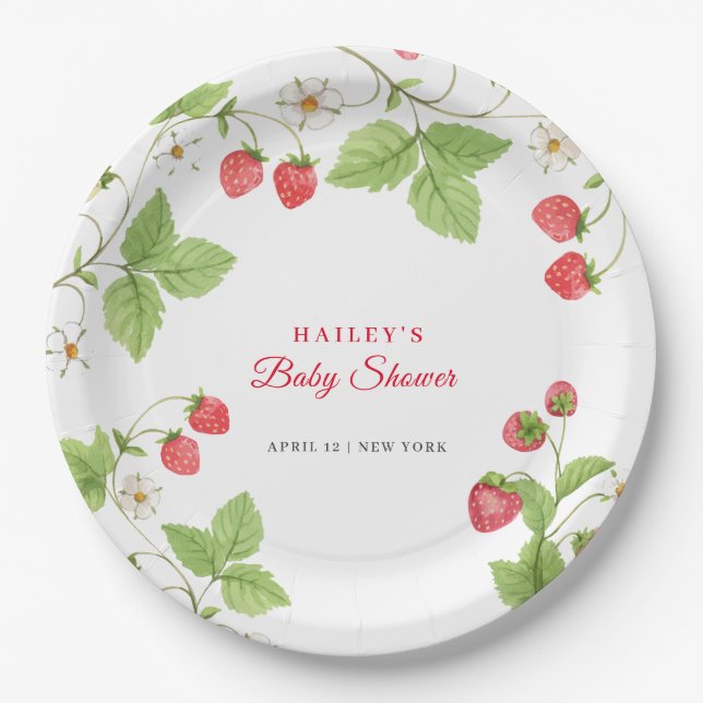 Simple Sweet Greenery Strawberry Baby Shower Paper Plate (Front)