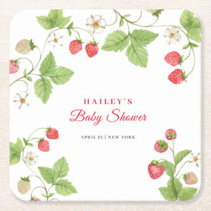 Simple Sweet Greenery Strawberry Baby Shower Square Paper Coaster