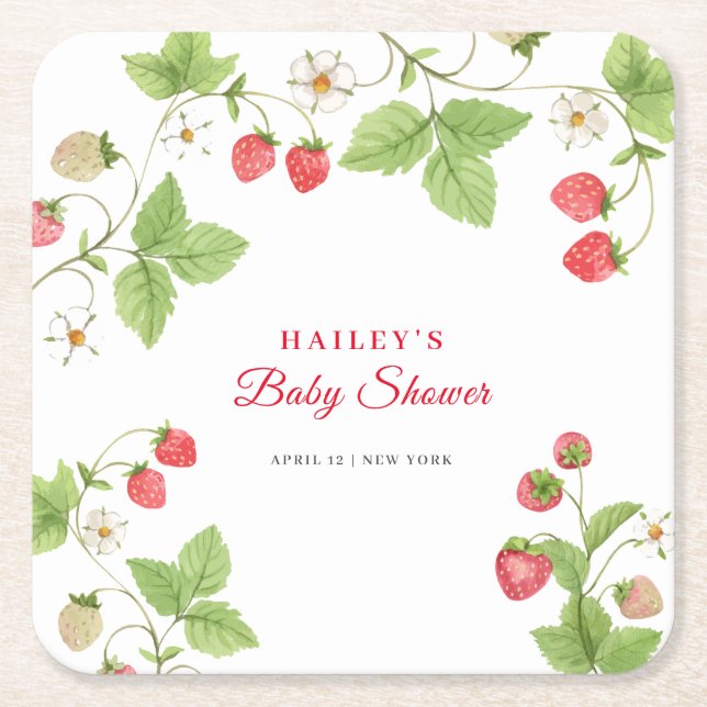 Simple Sweet Greenery Strawberry Baby Shower Square Paper Coaster (Front)