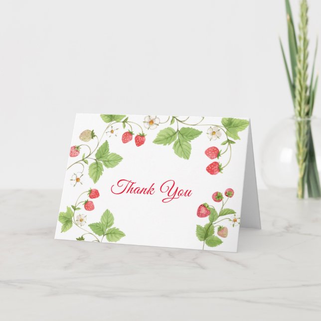 Simple Sweet Greenery Strawberry Baby Shower Thank You Card (Front)