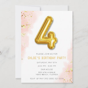 Simple Sweet Pink 4th Birthday Balloon Party Invitation