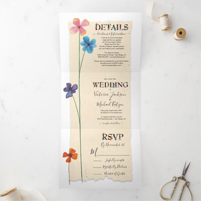 Simple Sweet Pressed Flowers Wedding Tri-Fold Invitation (Inside)