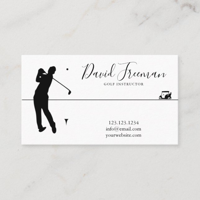 Simple Swing Silhouette White Golf Instructor Business Card (Front)