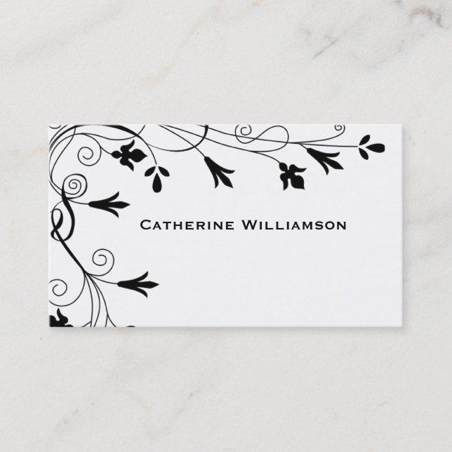 Simple Swirl Black White Floral Vine Border Business Card (Front)