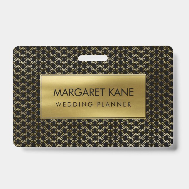 Simple Swirl Pattern Gold on Black ID Badge (Front)