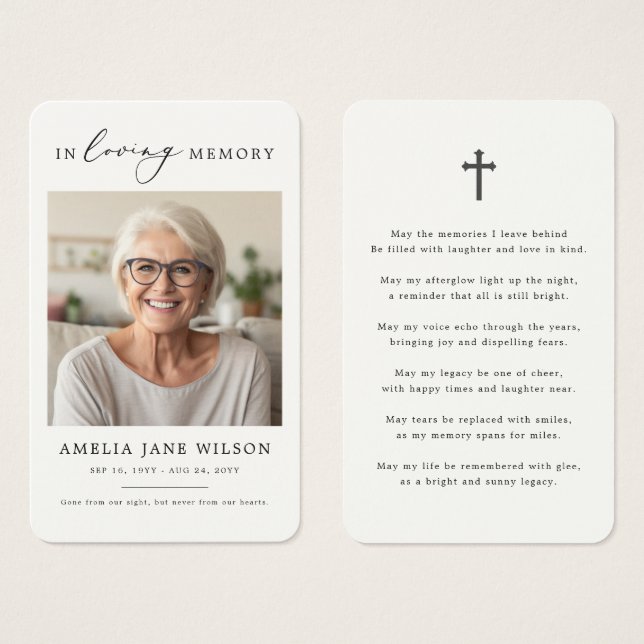 Simple Sympathy Funeral Memorial Prayer Photo Card (Front & Back)