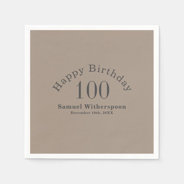 Simple Tan and Charcoal Grey 100th Birthday Napkin (Front)