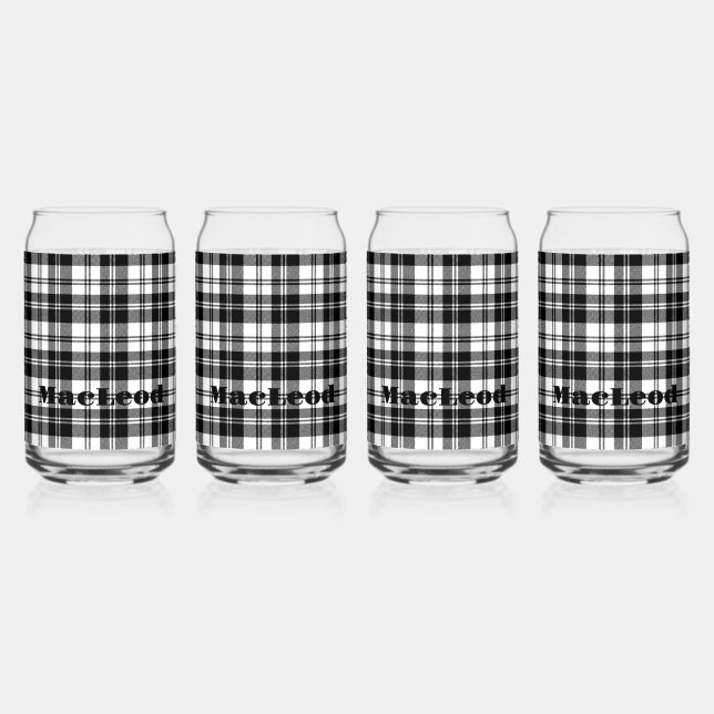 Simple Tartan Black and White Monogram Name | Can Glass (Front)